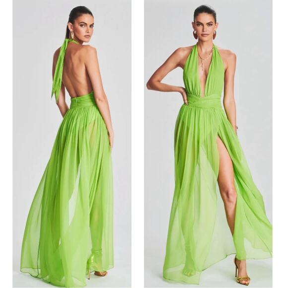 RETROFETE Zion Silk Chiffon Sheer Halterneck Lime Green Maxi Dress Size XS - Picture 1 of 14